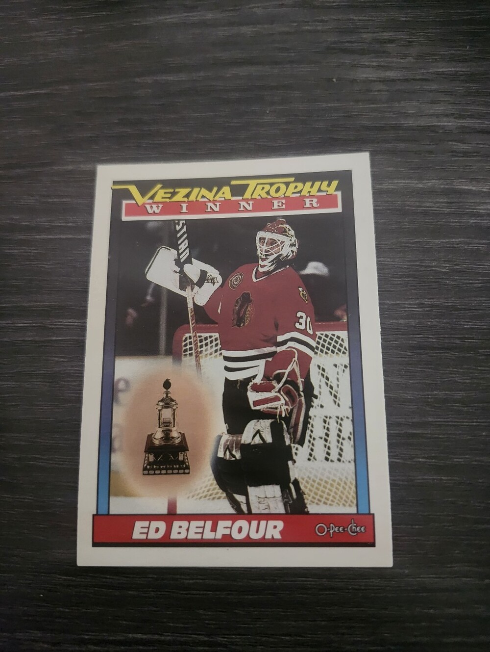 1991-92‎ ED BELFOUR O-PEE-CHEE VEZINA TROPHY WINNER CARD #519 CHICAGO BLACKHAWKS
